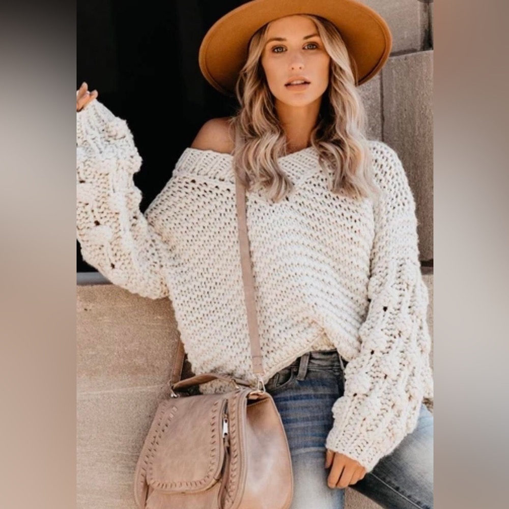 VICI V-Neck knit Pullover oversized Sweater LONG POM POM SLEEVE